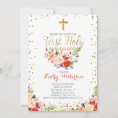 花の水彩画の最初聖餐式の招待状 招待状 (正面)