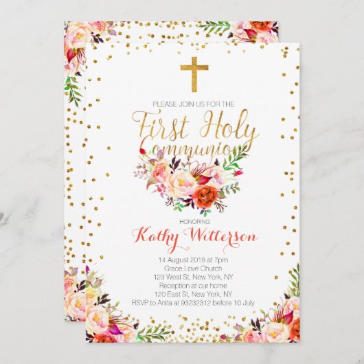 花の水彩画の最初聖餐式の招待状 招待状 (正面/裏面)
