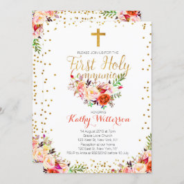 花の水彩画の最初聖餐式の招待状 招待状