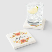 花の水彩画の珊瑚のリースのカスタムの文字 ストーンコースター (横)