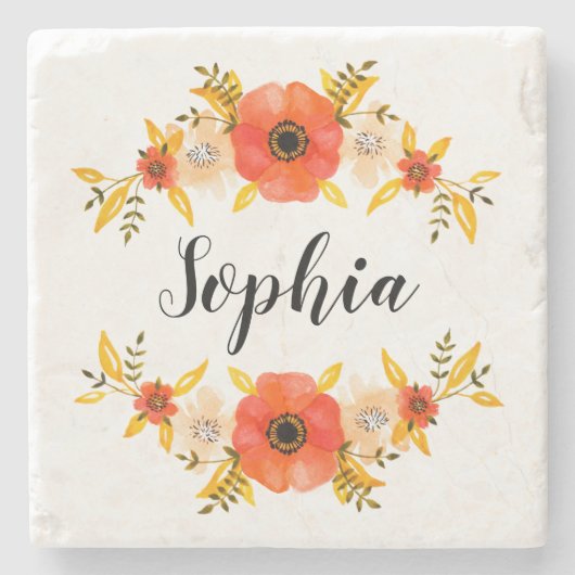花の水彩画の珊瑚のリースのカスタムの文字 ストーンコースター (正面)