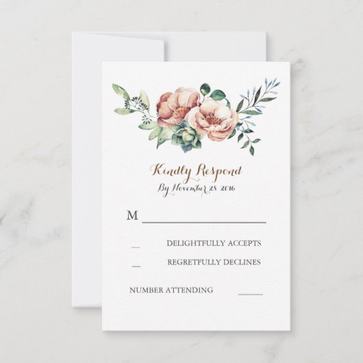 花の水彩画の花束の秋のアイボリーの結婚式のrsvp 出欠カード (正面)