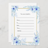 花の水彩画の青い金ゴールドの招待状は記入します 招待状 (正面/裏面)