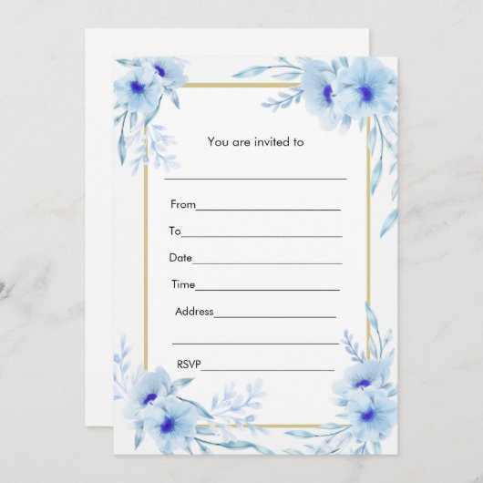 花の水彩画の青い金ゴールドの招待状は記入します 招待状 (正面/裏面)