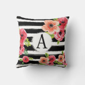 花の水彩画のMonogramedの白黒のストライプ クッション (裏面)