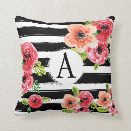 花の水彩画のMonogramedの白黒のストライプ クッション