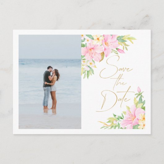花の水彩画ウェディングフォト セーブ・ザ・デート インビテーションポストカード (正面)