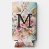 花の水彩画モノグラム ピンクの桜 スリム缶クーラー (裏面)