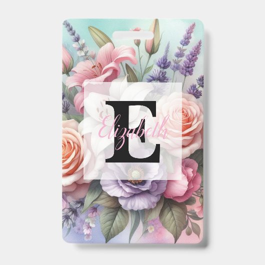花の水彩画モノグラム ピンク 紫の花 バッジ (正面)