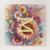 花の水彩画モノグラム ピンク 黄色 ヒマワリ ジグソーパズル (横)