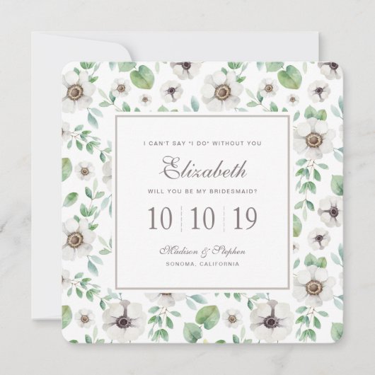 花の水彩画|の白いアネモネ-新婦付添人 招待状 (正面)