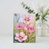 花の水彩画 ピンクの花 ポストカード (スタンド正面)