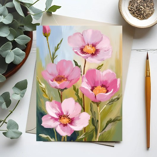 花の水彩画 ピンクの花 ポストカード