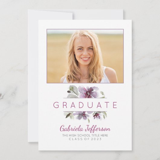 花の水彩画-写真の卒業パーティー 招待状 (正面)