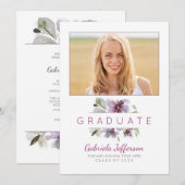 花の水彩画-写真の卒業パーティー 招待状 (正面/裏面)