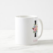花の水彩画 H モノグラム 名前 黒 ドット コーヒーマグカップ (正面右)