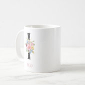 花の水彩画 H モノグラム 名前 黒 ドット コーヒーマグカップ (正面左)