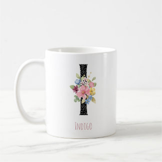 花の水彩画 H モノグラム 名前 黒 ドット コーヒーマグカップ