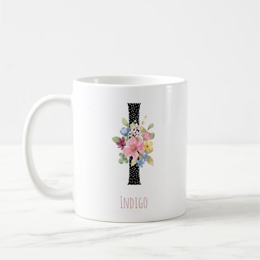 花の水彩画 H モノグラム 名前 黒 ドット コーヒーマグカップ (左)