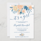 花の水彩 ネイビーブルー ピンクのベビーシャワー 招待状 (正面)