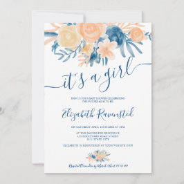 花の水彩 ネイビーブルー ピンクのベビーシャワー 招待状