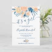 花の水彩 ネイビーブルー ピンクのベビーシャワー 招待状 (スタンド正面)