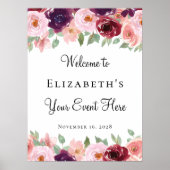 花の水彩 ワインレッドとソフトピンク あらゆるイベント ポスター (正面)