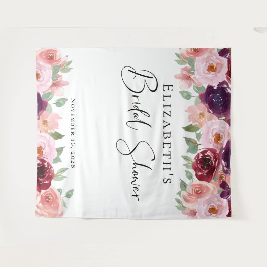 花の水彩 ワインレッドとピンクのブライダルシャワー タペストリー (正面(横))