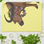 花の水牛の漫画イラスト キッチンタオル (折り畳み)