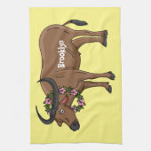 花の水牛の漫画イラスト キッチンタオル (縦)