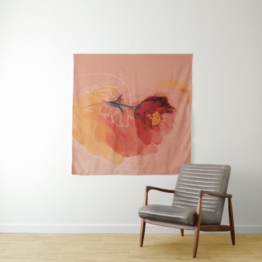 花の水色と線のスケッチを保持する手 タペストリー (インサイチュ(横))