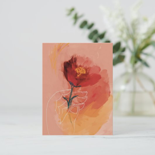 花の水色と線のスケッチを保持する手 ポストカード (スタンド正面)