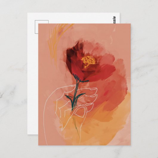 花の水色と線のスケッチを保持する手 ポストカード (正面/裏面)