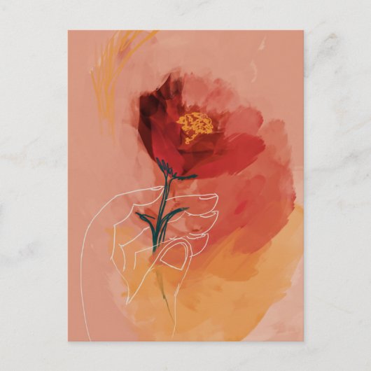 花の水色と線のスケッチを保持する手 ポストカード (正面)