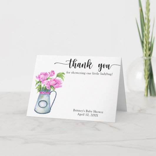花の水色のジャグあなた感謝していの赤ちゃんシャワー サンキューカード (正面)