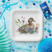 花の水色アヒル ペーパープレート (パーティー)