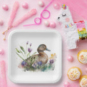 花の水色アヒル ペーパープレート (パーティー)