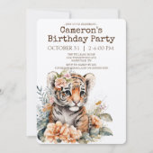 花の水色タイガー誕生日パーティー 招待状 (正面)