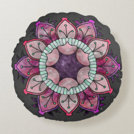 花の水色マンダラ – ベリーカラーオングレー ラウンドクッション