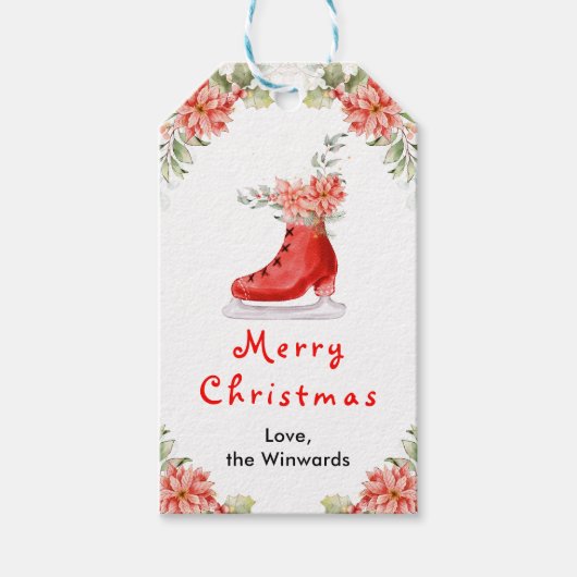 花の氷のスケート 赤 楽しいクリスマス ギフトタグ (正面)