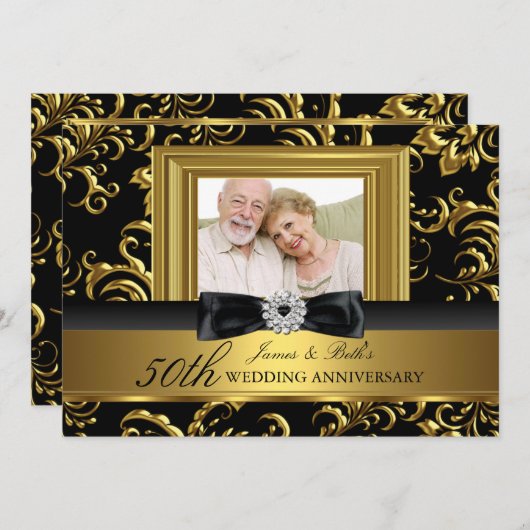 花の渦巻きリボン写真 50周年記念結婚式 招待状 (正面/裏面)