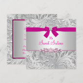 花の渦巻き＆リボン ピンク スウィート16 招待状 (正面/裏面)
