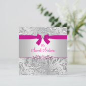 花の渦巻き＆リボン ピンク スウィート16 招待状 (スタンド正面)