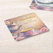 花の湯飲みとポット - パステルエレガントなティーパーティー スクエアペーパーコースター (アングル)