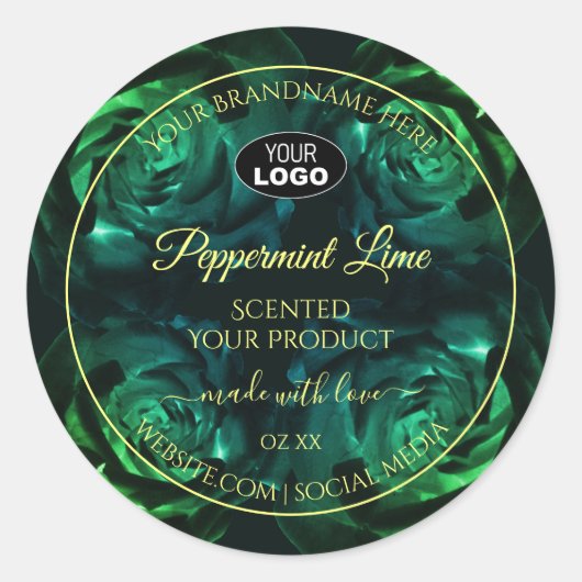 花の濃い緑のティール(緑がかった色)バラ製品ラベルロゴ ラウンドシール (正面)