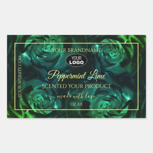 花の濃い緑のティール（緑がかった色）バラ製品ラベルロゴ 長方形シール (正面)