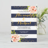 花の濃紺のストライプ及び金ゴールドホイルの点の結婚 招待状 (スタンド正面)