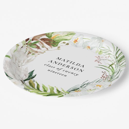 花の熱帯リースの卒業パーティー ペーパープレート (アングル)