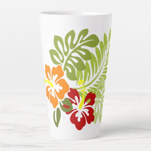 花の熱帯葉のハイビスカスHawaii Red Orange. カフェラテマグ (正面)