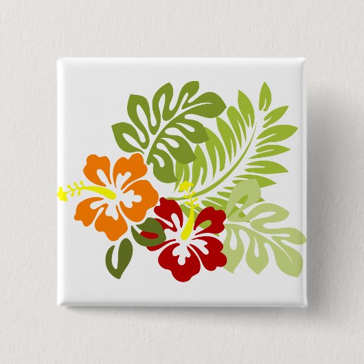花の熱帯葉のハイビスカスHawaii Red Orange. 缶バッジ (正面)
